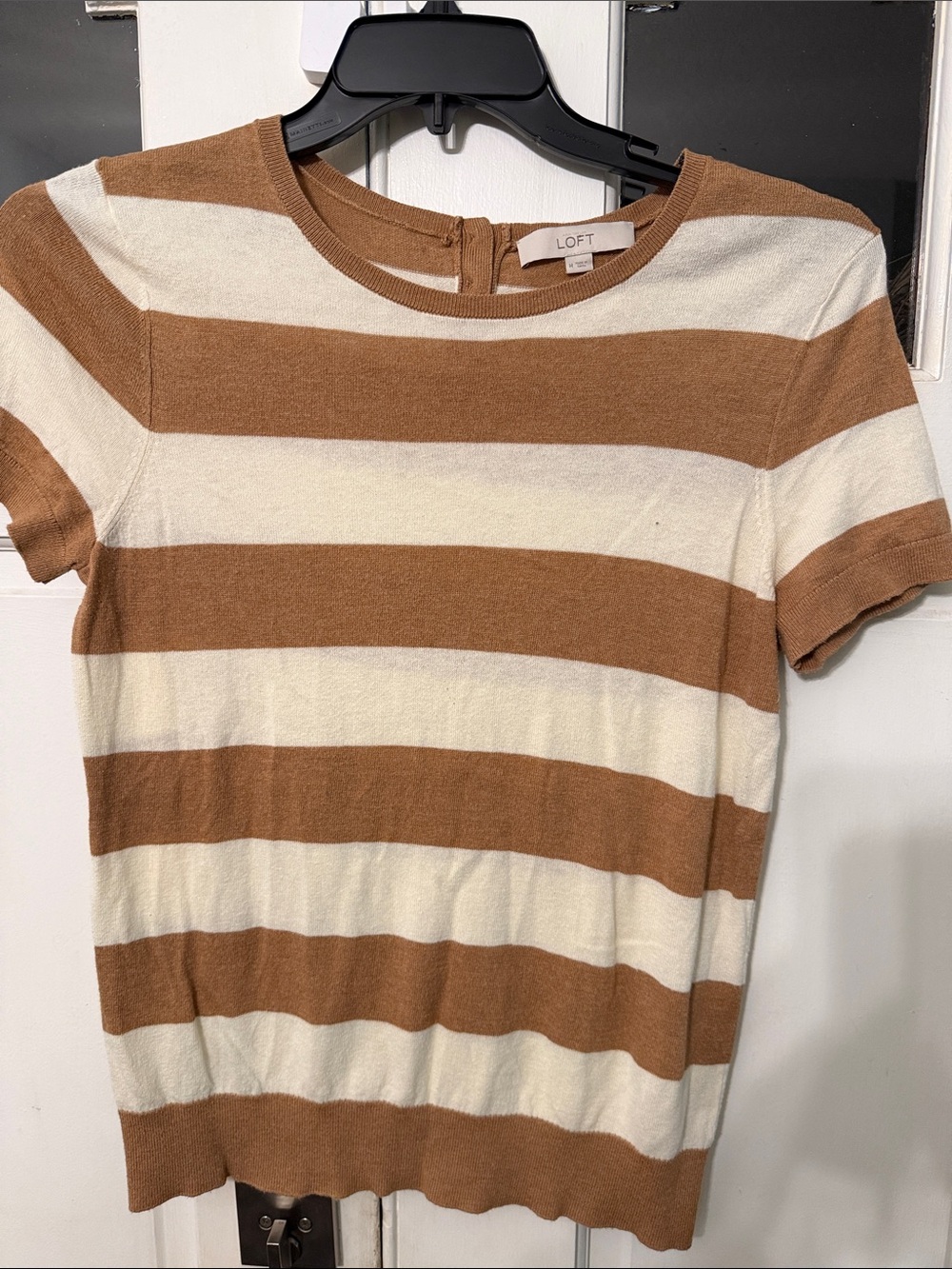 LOFT Short Sleeve Striped Knit Top - Cream & Brown